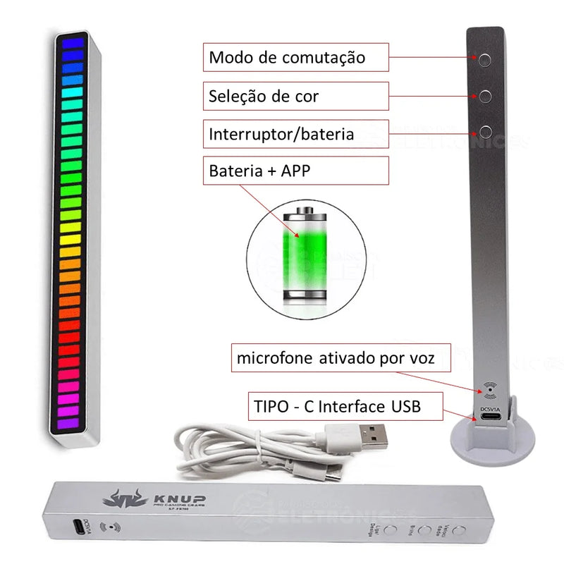 Barra De Led RGB 32 Leds Ativo Por Sensor Rítmica Para Som Casa Carro